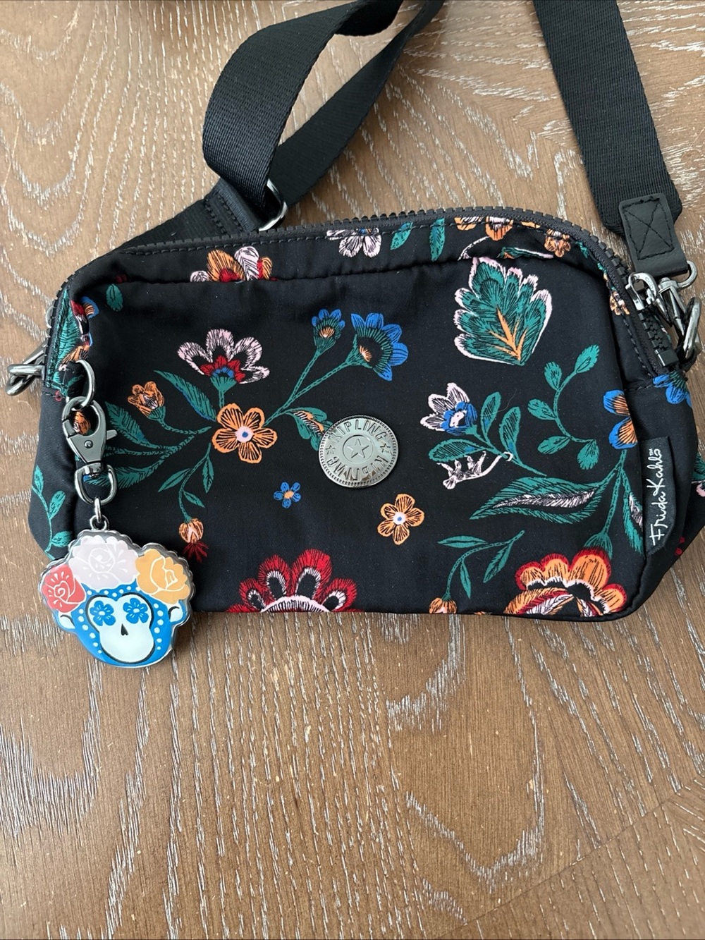 Kipling Black Floral Embroidered Crossbody Bag X Frida Kahls and Monkey Charm